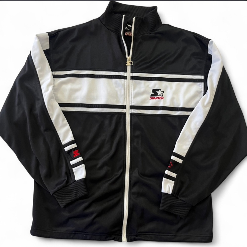 Starter Track Jacket Black White Full Zip Mens Medium Athletic Y2K